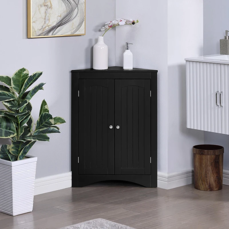 Bathroom Corner Storage Cabinet with Doors, Adjustable Shelves, Free-Standing Sideboard for Compact Room, 24.5" L x 12" W x 32.5" H, Black