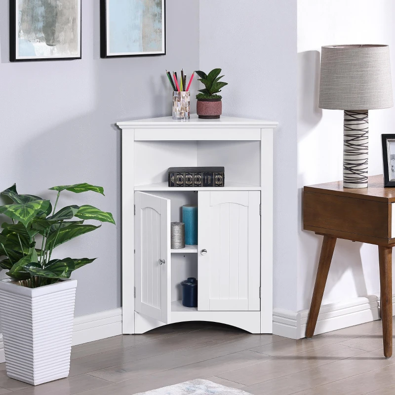 Bathroom Corner Storage Cabinet with Doors and Adjustable Shelves, Free-Standing Sideboard for Compact Room, 24" L x 12" W x 32.5" H, White