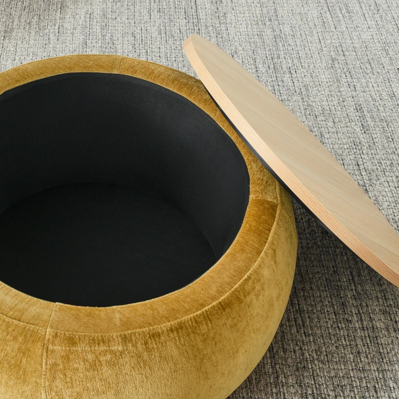 2-in-1 Round Storage Ottoman with Removable Top for Storage, End Table with Eucalyptus Wood Frame, 25" L x 25" W x 15" H, Dark Yellow