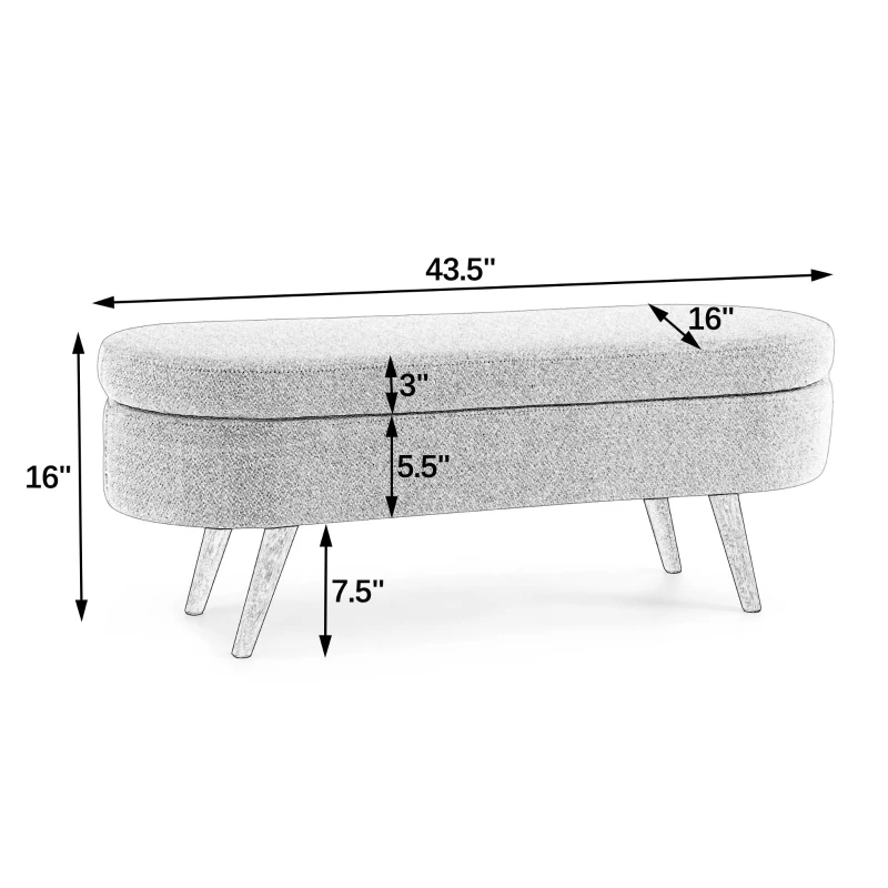 Oval Storage Ottoman Bench with Foam Cushion and Sturdy Rubberwood Legs, Multi-Use Footstool for Bedroom, 43.5" L x 16" W x 16" H, Brown