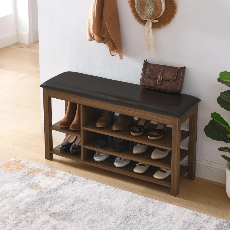 Height-Adjustable Long Shoe Bench with Lift-Up Concealed Storage, Durable Stool with Ventilated Compartments, 39.5" L x 12" W x 22" H, Brown