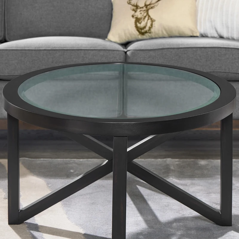 Modern Round Glass Coffee Table with Tempered Glass Top, Solid Poplar Wood Tripod Base, Desk for Living Room, 22" L x 22" W x 22" H, Black