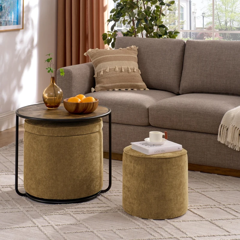 Ottoman Convertible Multi-Function Ottoman Table with Hidden Storage, Coffee Table Set for Living Room, 23.5" L x 23.5" W x 20" H, Dark yellow