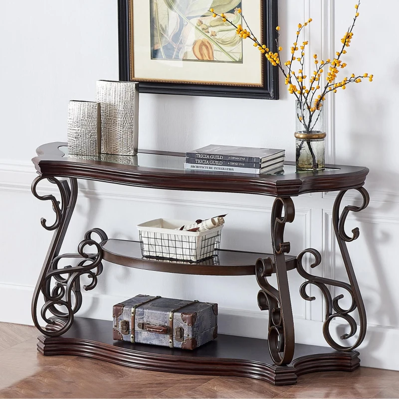 Stylish Sofa Table with Beveled Glass Top, MDF Birch Veneer Middle Shelf, Desk with Powder-Coated Serpentine Legs, 54" L x 20" W x 30" H, Brown