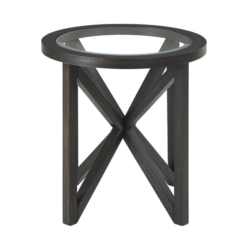 Modern Round Glass Coffee Table with Tempered Glass Top, Solid Poplar Wood Tripod Base, Desk for Living Room, 22" L x 22" W x 22" H, Black