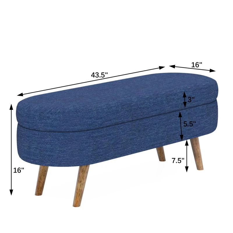 Oval Storage Ottoman Bench with Foam Cushion and Sturdy Rubberwood Legs, Multi-Use Footstool for Bedroom, 43.5" L x 16" W x 16" H, Blue