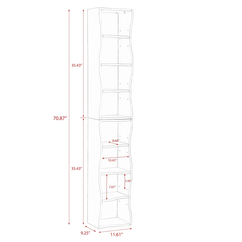 8-Tier Adjustable Slim Bookcase with Wavy Edge Design, Anti-Tip Hardware, Detachable Cabinets for Home Storage, 11.5" L x 9.5" W x 71" H, Black