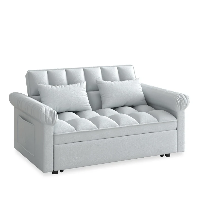 Flannel Loveseat Sofa Bed with Adjustable Back, Plastic Legs, Pull-Out Sleeper with High-Resilience Foam, 56" L x 34" W x 31.5" H, Grey