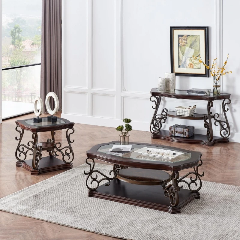 Cocktail Table with Tempered Beveled Glass Top, Marble Paper, Powder-Coated Metal Legs, Desk for Living Room, 52" L x 32" W x 20.5" H, Brown