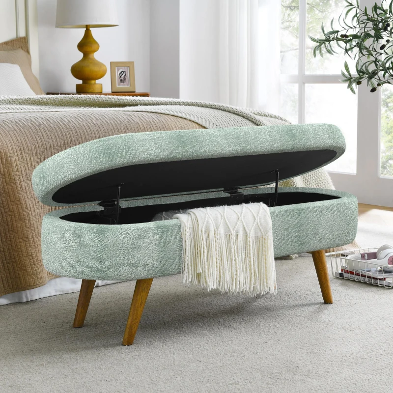 Oval Storage Ottoman Bench with Foam Cushion and Sturdy Rubberwood Legs, Multi-Use Footstool for Bedroom, 43.5" L x 16" W x 16" H, Cyan