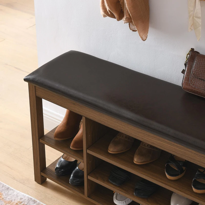 Height-Adjustable Long Shoe Bench with Lift-Up Concealed Storage, Durable Stool with Ventilated Compartments, 39.5" L x 12" W x 22" H, Brown