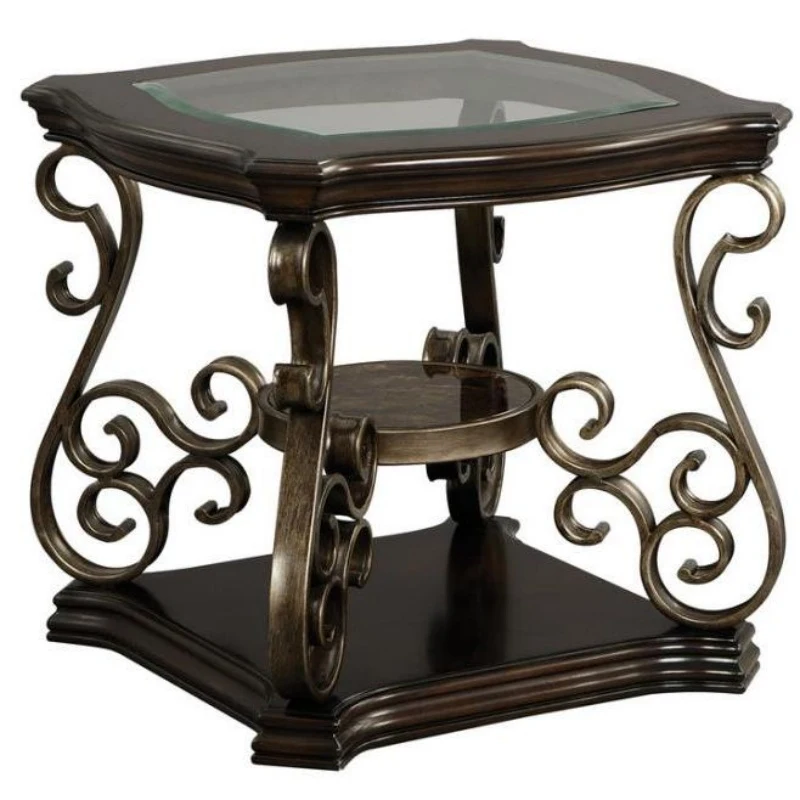 2-Tier Traditional End Table with Powder-Coated Metal Serpentine Legs, Sofa Table with Beveled Glass Top, 26.5" L x 26.5" W x 24" H, Brown