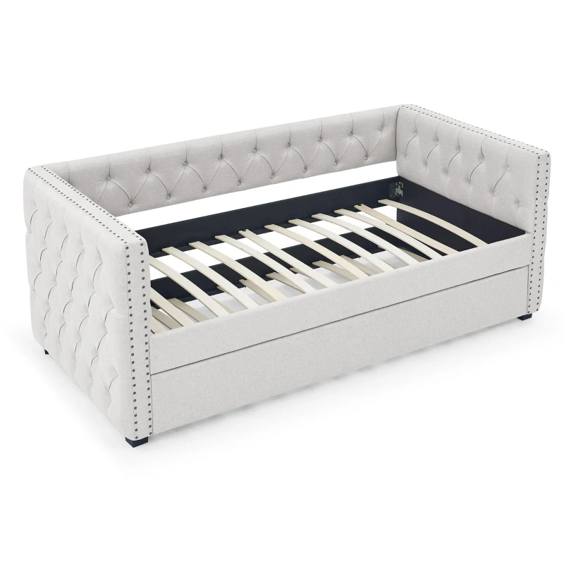 Twin Daybed with Trundle, Button Tufting and Nailhead Trim, Sofa Bed with Foam-Padded Back and Arms, 85" L x 42.5" W x 31.5" H, Beige