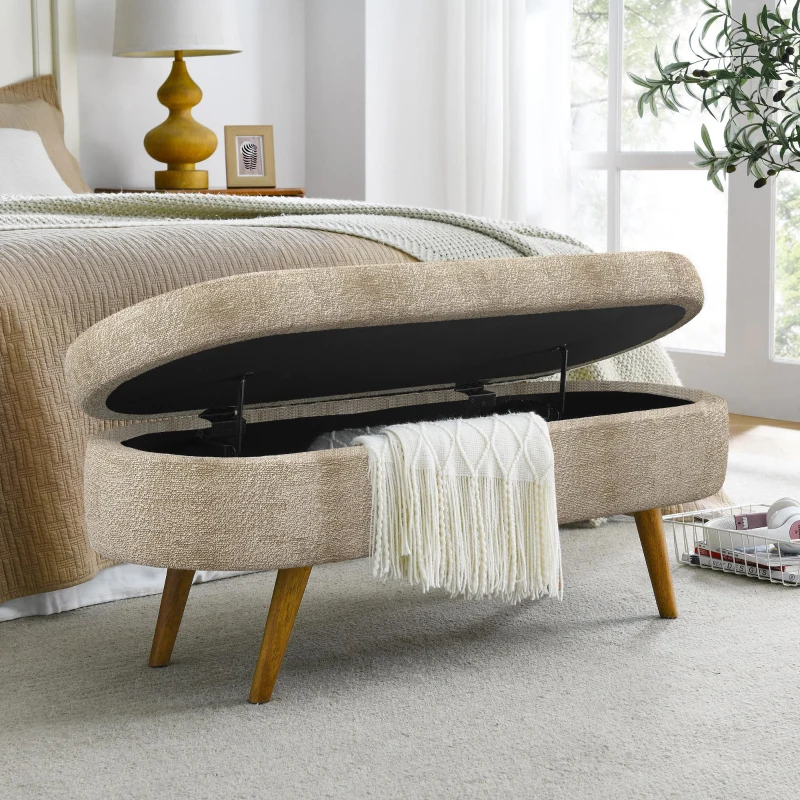 Oval Storage Ottoman Bench with Foam Cushion and Sturdy Rubberwood Legs, Multi-Use Footstool for Bedroom, 43.5" L x 16" W x 16" H, Brown