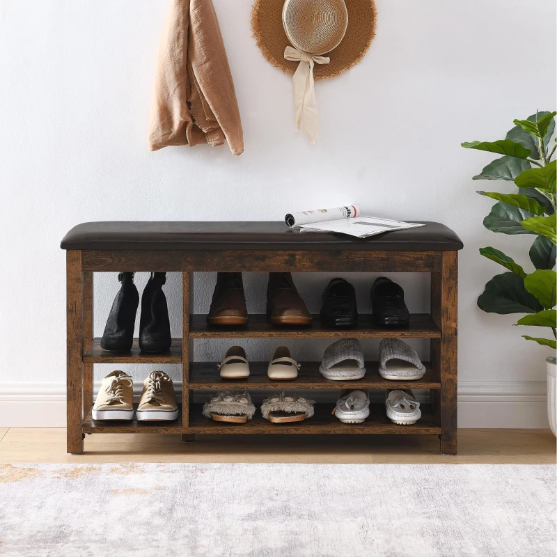 Height-Adjustable Long Shoe Bench with Lift-Up Concealed Storage, Durable Stool with Ventilated Compartments, 39.5" L x 12" W x 22" H, Vintage