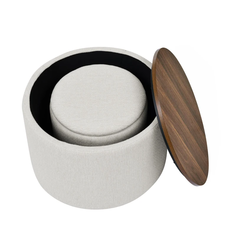 2-Piece Round Chenille Storage Ottoman Set with Hidden Storage, Seat with Drum-Shaped Small Stool, 23.5" L x 23.5" W x 16.5" H, Beige