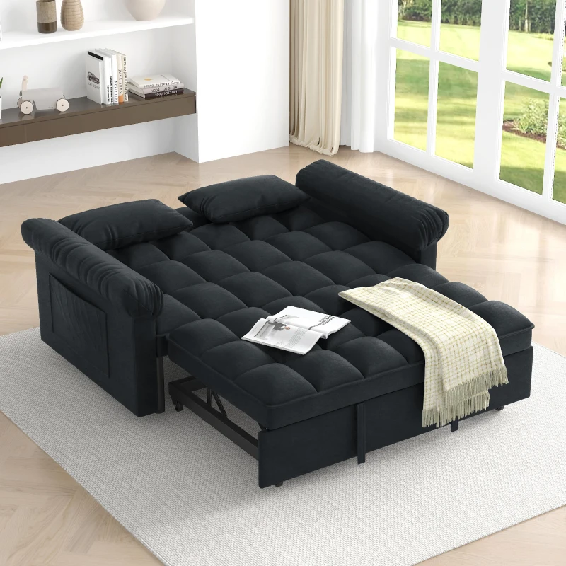 Flannel Loveseat Sofa Bed with Adjustable Back, Plastic Legs, Pull-Out Sleeper with High-Resilience Foam, 56" L x 34" W x 31.5" H, Black