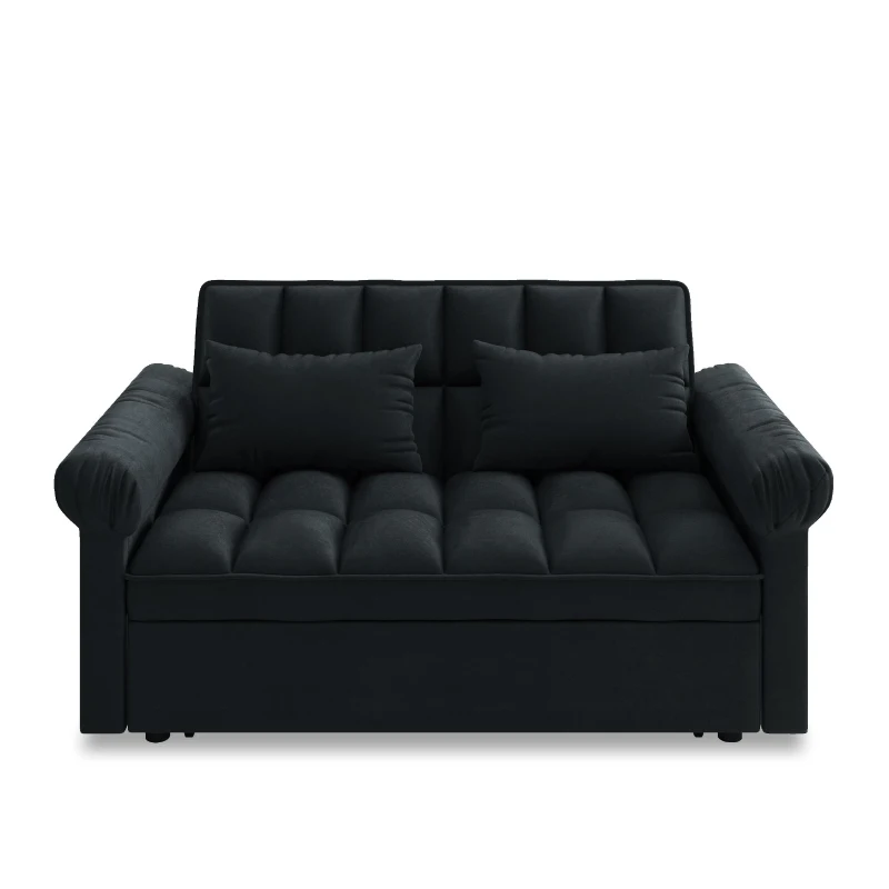 Flannel Loveseat Sofa Bed with Adjustable Back, Plastic Legs, Pull-Out Sleeper with High-Resilience Foam, 56" L x 34" W x 31.5" H, Black