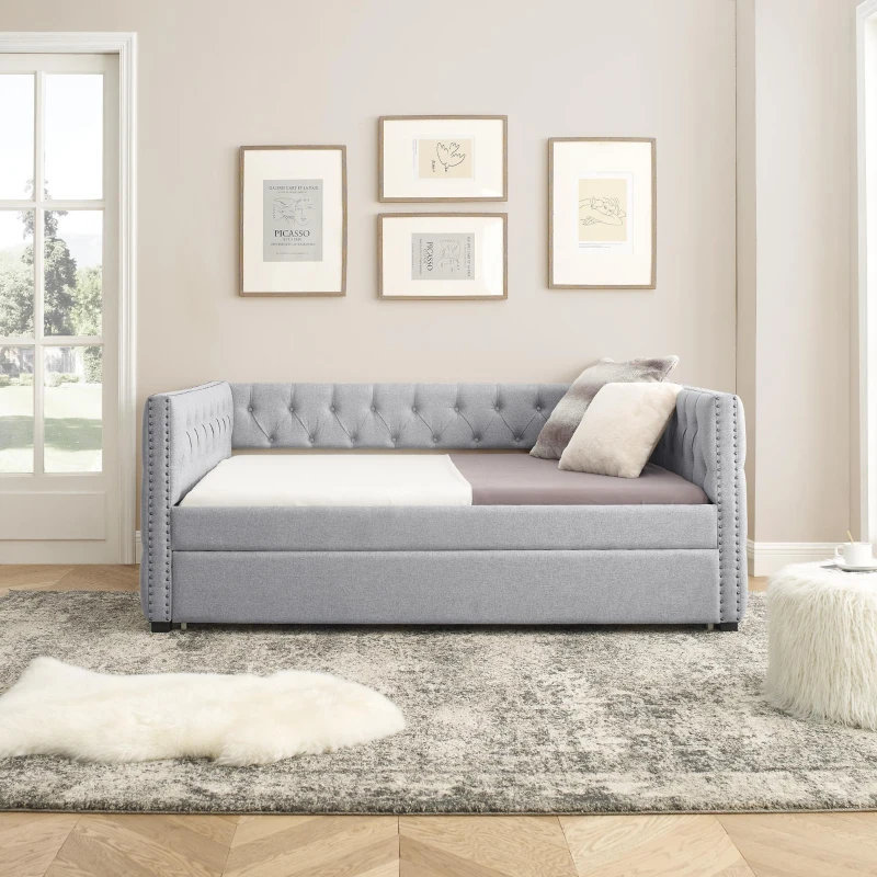 Upholstered Tufted Daybed with Button-Tufted Square Arms, Multi-Functional Sofa Bed with Pull-Out Twin Trundle, 85" L x 57" W x 31.5" H, Grey