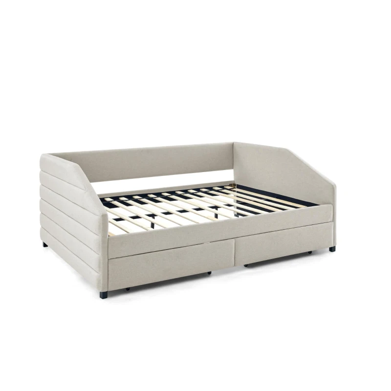 Queen Size Upholstered Daybed with Trundle and Pull-Out Drawers, Sofa Bed with Solid MDF and Plywood Frame, 88" L x 64.5" W x 34" H, Beige