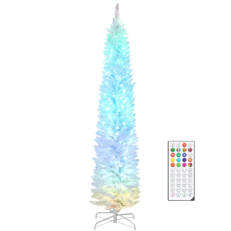 HOMCOM 7.5ft Christmas Tree with Colourful DIY Synchronized LEDs, Hinged Pencil Xmas Tree with Remote, Daily Timer, White