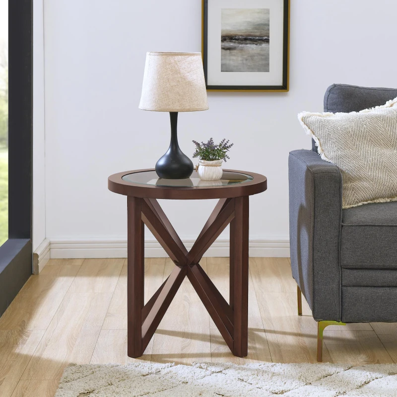 Modern Round Glass Coffee Table with Tempered Glass Top, Solid Poplar Wood Tripod Base, Desk for Living Room, 22" L x 22" W x 22" H, Cherry