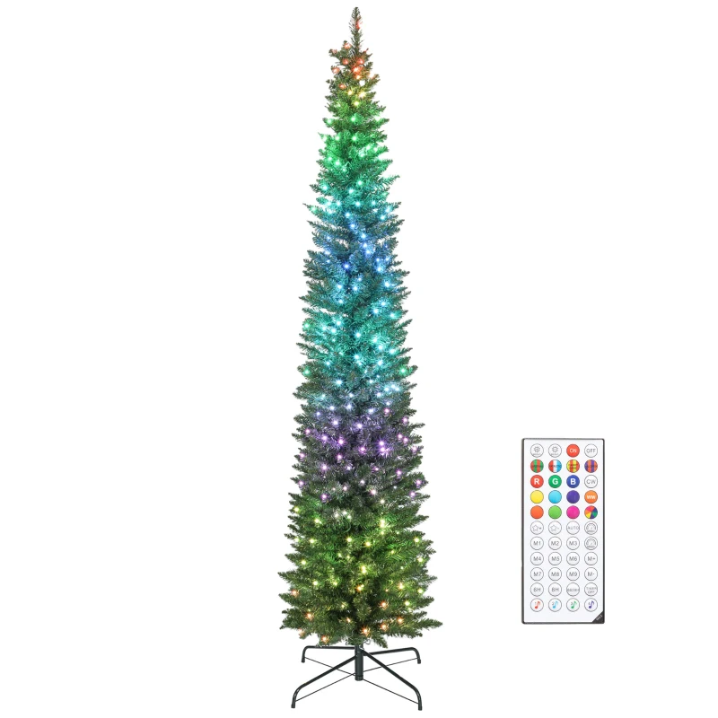HOMCOM 7.5ft Christmas Tree with Colourful DIY Synchronized LEDs, Hinged Pencil Xmas Tree with Remote, Daily Timer, Green