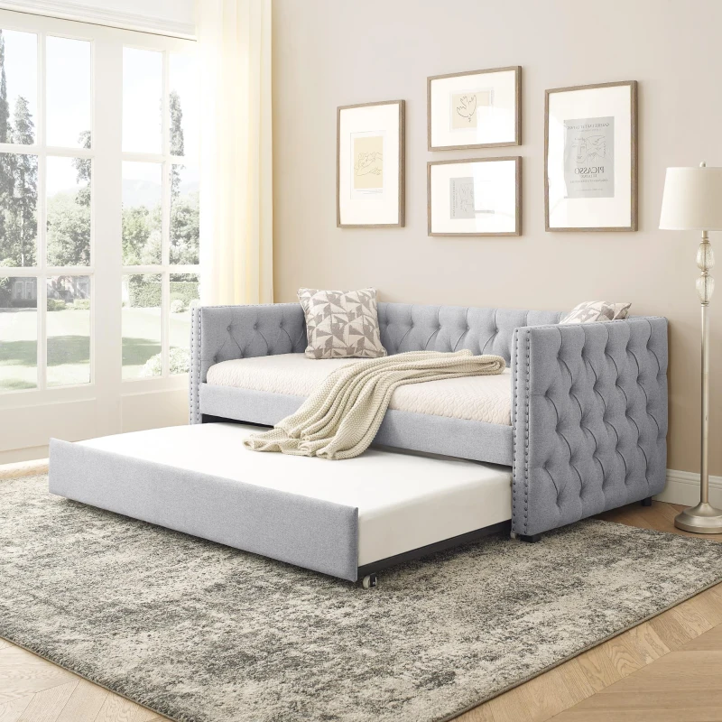 Upholstered Tufted Daybed with Button-Tufted Square Arms, Nailhead Trim, Sofa Bed with Pull-Out Trundle, 85" L x 42.5" W x 31.5" H, Grey