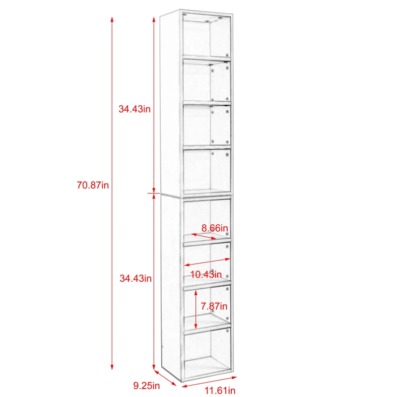 8-Tier Slim Media Tower Rack with Adjustable Shelves, Anti-Tip Hardware, Tall Narrow Bookcase for Compact Room, 11.5" L x 9.5" W x 71" H, White