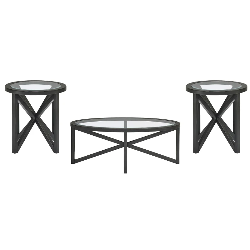 Modern Glass Coffee Table with Solid Wood Tripod Base, Anti-Scratch Curved Edges, Oval Desk for Living Room, 46.5" L x 28.5" W x 18" H, Black