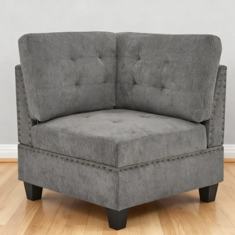 Modular Corner Sectional Sofa Piece with Eucalyptus and Plywood Frame, Corner Module with Anti-Skid Legs, 31.5" L x 31.5" W x 36.5" H, Grey