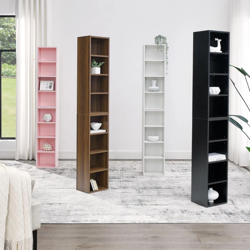8-Tier Slim Media Tower Rack with Adjustable Shelves, Anti-Tip Hardware, Tall Narrow Bookcase for Compact Room, 11.5" L x 9.5" W x 71" H, Walnut