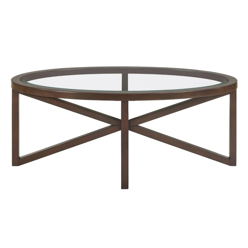 Modern Glass Coffee Table with Solid Wood Tripod Base, Anti-Scratch Curved Edges, Oval Desk for Living Room, 46.5" L x 28.5" W x 18" H, Cherry