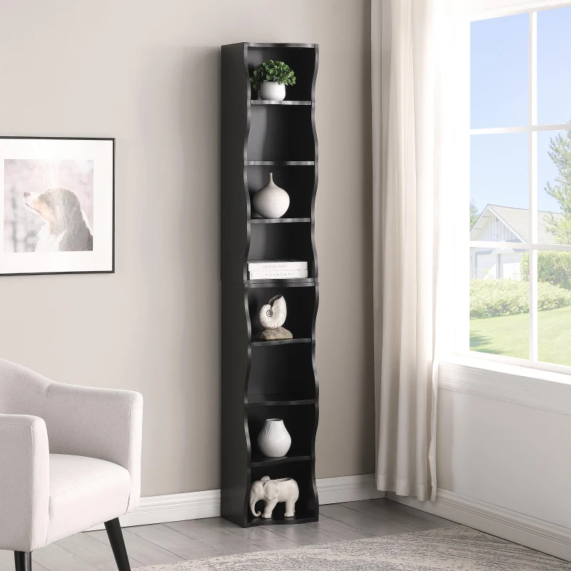 8-Tier Adjustable Slim Bookcase with Wavy Edge Design, Anti-Tip Hardware, Detachable Cabinets for Home Storage, 11.5" L x 9.5" W x 71" H, Black
