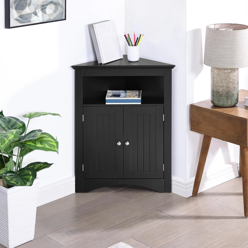 Bathroom Corner Storage Cabinet with Double Doors, Adjustable Shelves, Floor Cupboard for Living Room, 24.5" L x 12" W x 32.5" H, Black