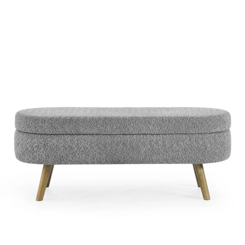 Oval Storage Ottoman Bench with Foam Cushion and Sturdy Rubberwood Legs, Multi-Use Footstool for Bedroom, 43.5" L x 16" W x 16" H, Grey