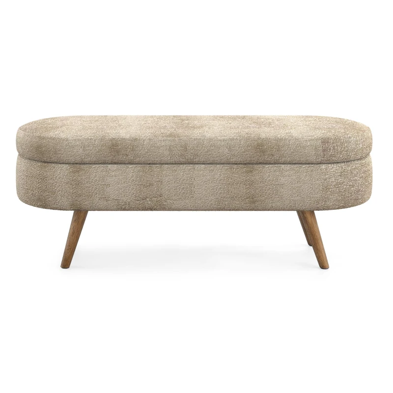 Oval Storage Ottoman Bench with Foam Cushion and Sturdy Rubberwood Legs, Multi-Use Footstool for Bedroom, 43.5" L x 16" W x 16" H, Brown