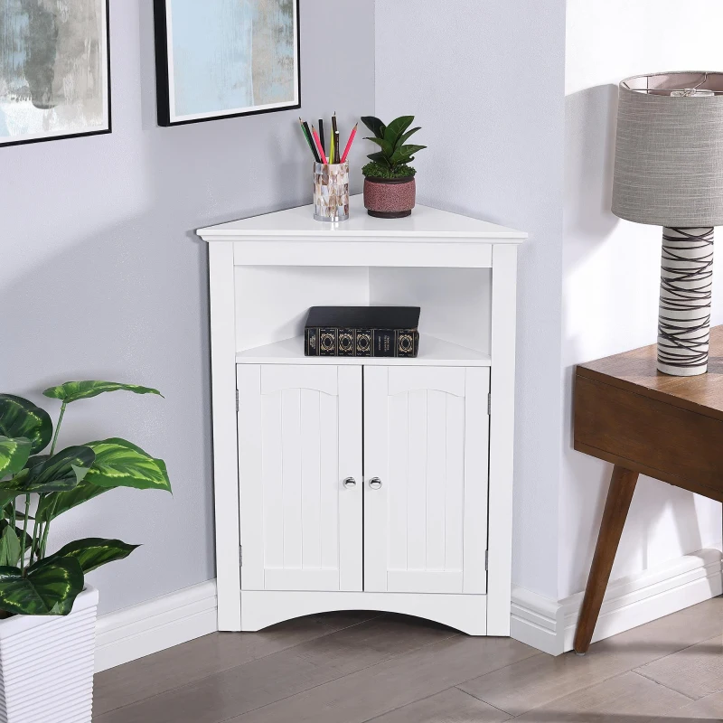 Bathroom Corner Storage Cabinet with Doors and Adjustable Shelves, Free-Standing Sideboard for Compact Room, 24" L x 12" W x 32.5" H, White
