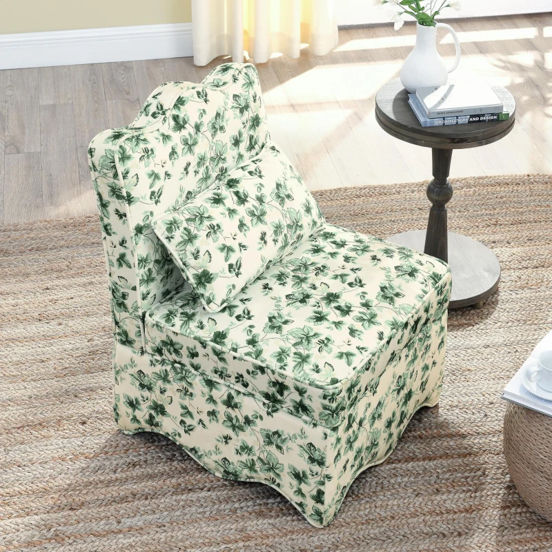 Flannel Single Dining Chair with Floral Pattern, Soft Padded Seat & Back, Armless Seat for Dining Room, 23.5" L x 26" W x 33.5" H, Green