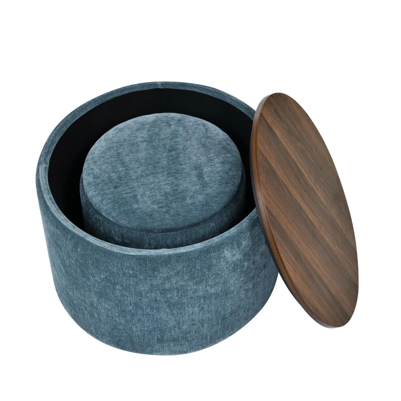 2-Piece Round Chenille Ottoman Set with Drum-Shaped Small Stool, Side Table with Hidden Storage, 23.5" L x 23.5" W x 16.5" H, Dark Blue