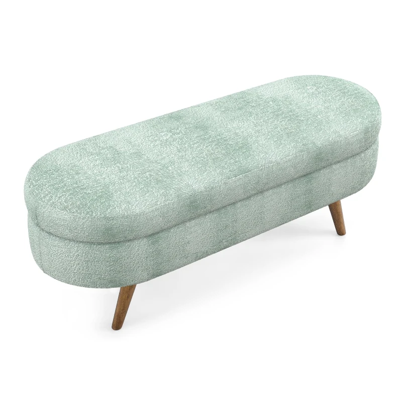 Oval Storage Ottoman Bench with Foam Cushion and Sturdy Rubberwood Legs, Multi-Use Footstool for Bedroom, 43.5" L x 16" W x 16" H, Cyan