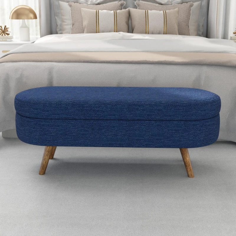 Oval Storage Ottoman Bench with Foam Cushion and Sturdy Rubberwood Legs, Multi-Use Footstool for Bedroom, 43.5" L x 16" W x 16" H, Blue