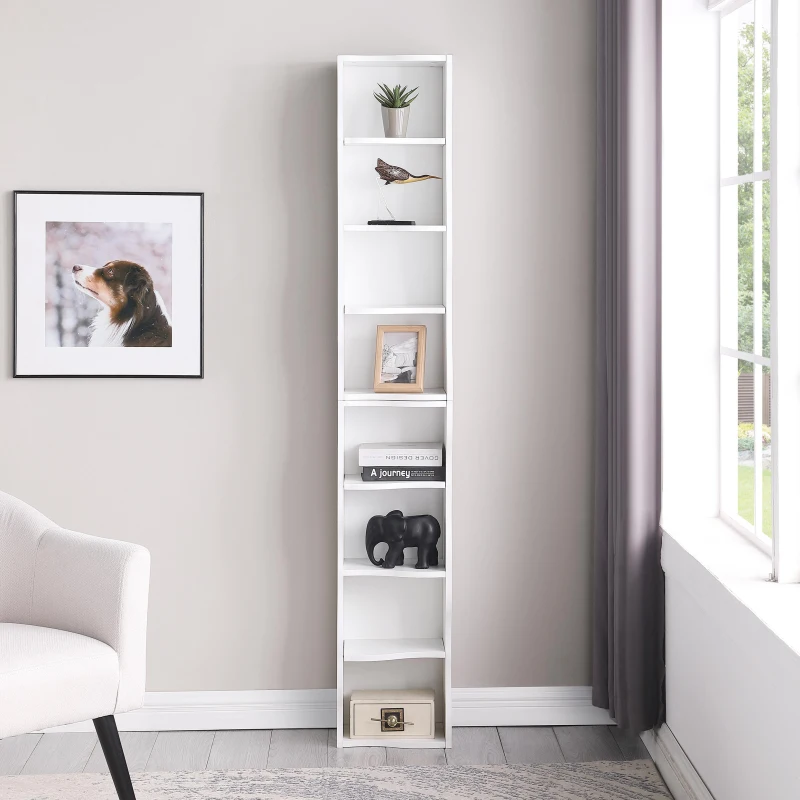 8-Tier Adjustable Slim Bookcase with Wavy Edge Design, Anti-Tip Hardware, Detachable Cabinets for Home Storage, 11.5" L x 9.5" W x 71" H, White