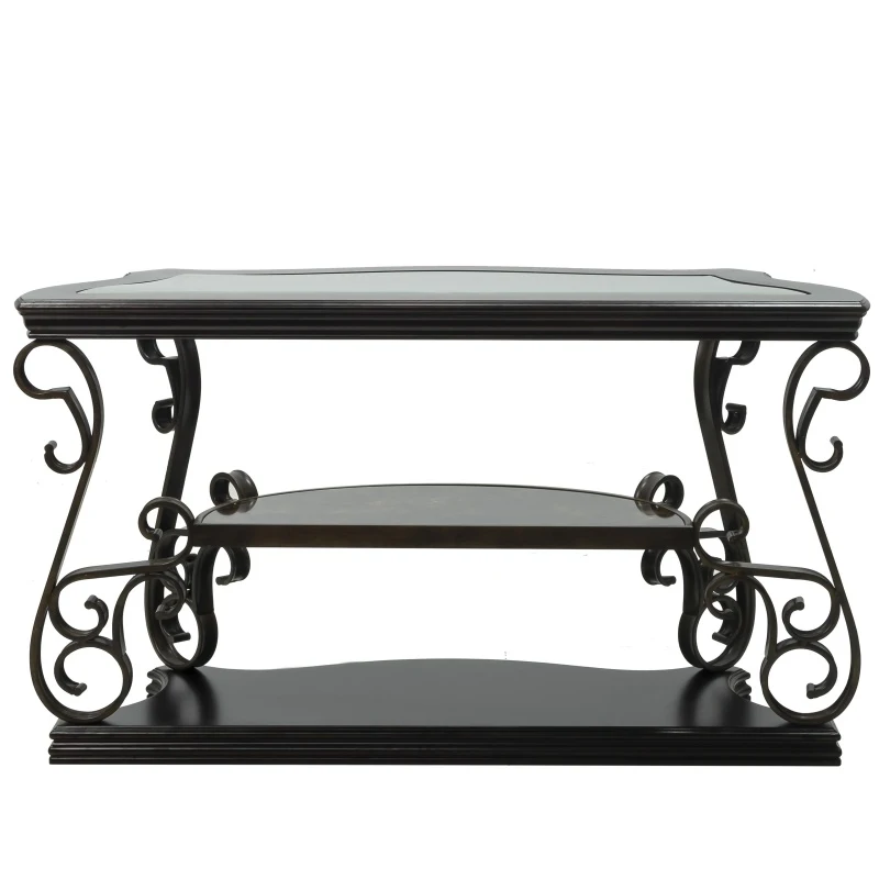 Stylish Sofa Table with Beveled Glass Top, MDF Birch Veneer Middle Shelf, Desk with Powder-Coated Serpentine Legs, 54" L x 20" W x 30" H, Brown