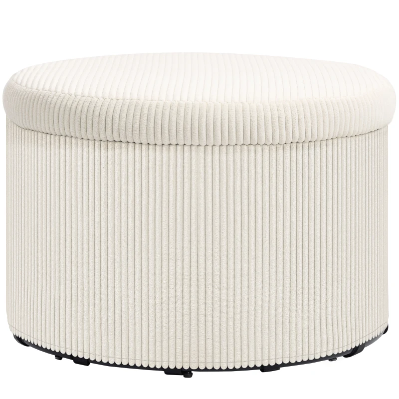 HOMCOM 24 Inches Round Storage Ottoman Stool with Lid, Upholstered Corduroy Foot Rest for Living Room, Bedroom, Beige