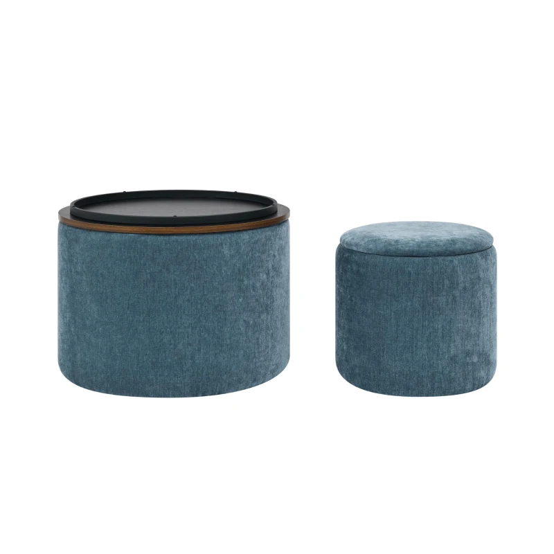 2-Piece Round Chenille Ottoman Set with Drum-Shaped Small Stool, Side Table with Hidden Storage, 23.5" L x 23.5" W x 16.5" H, Dark Blue