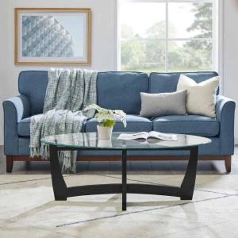 48" Oval Tempered Glass Coffee Table with Tempered Glass Top, Easy-Clean Surface, Center Table for Living Room, 48" L x 30" W x 18" H, Black