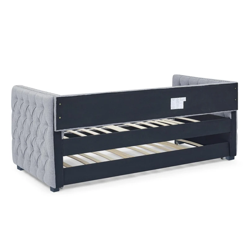 Upholstered Tufted Daybed with Button-Tufted Square Arms, Nailhead Trim, Sofa Bed with Pull-Out Trundle, 85" L x 42.5" W x 31.5" H, Grey