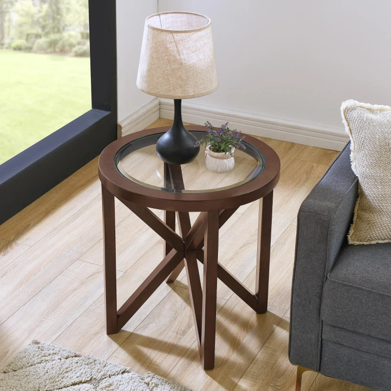 Modern Round Glass Coffee Table with Tempered Glass Top, Solid Poplar Wood Tripod Base, Desk for Living Room, 22" L x 22" W x 22" H, Cherry