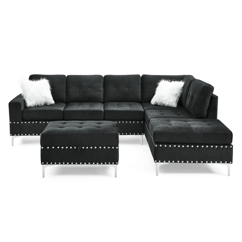 3-Seater Sectional Sofa with Reversible Chaise, Storage Ottoman and Metal Legs, Sofa Bed with Rivet Accents, 107.5" L x 80.5" W x 36" H, Black